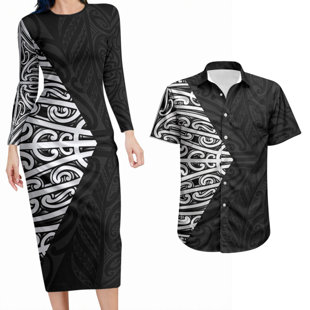 Black New Zealand Puhoro Maori Tattoo Couples Matching Long Sleeve Bodycon Dress and Hawaiian Shirt LT14 Black - Polynesian Pride