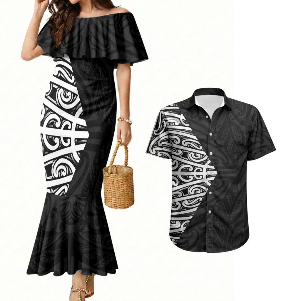 Black New Zealand Puhoro Maori Tattoo Couples Matching Mermaid Dress and Hawaiian Shirt LT14 Black - Polynesian Pride