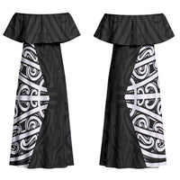 Black New Zealand Puhoro Maori Tattoo Couples Matching Off Shoulder Maxi Dress and Long Sleeve Button Shirt LT14 - Polynesian Pride