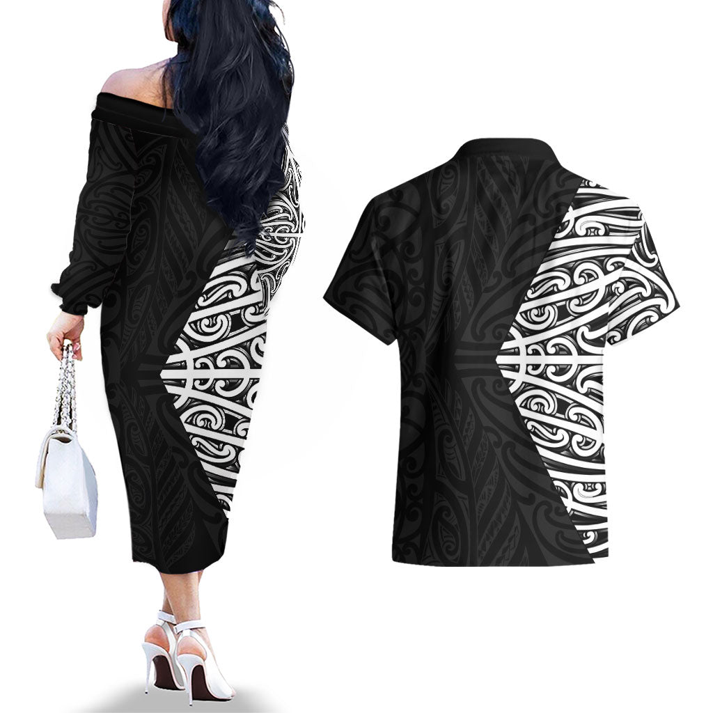 Black New Zealand Puhoro Maori Tattoo Couples Matching Off The Shoulder Long Sleeve Dress and Hawaiian Shirt