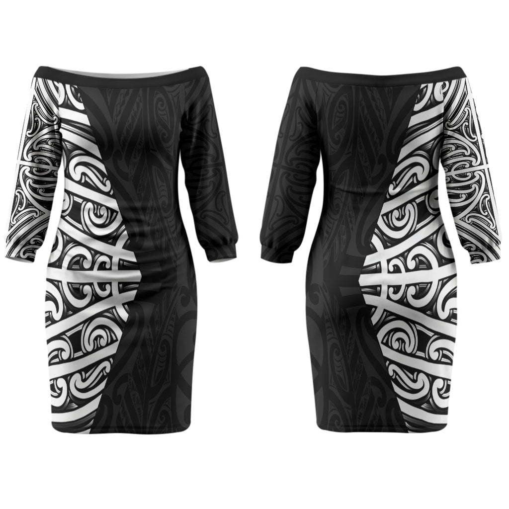 Black New Zealand Puhoro Maori Tattoo Couples Matching Off The Shoulder Long Sleeve Dress and Long Sleeve Button Shirt LT14 - Polynesian Pride