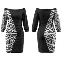 Black New Zealand Puhoro Maori Tattoo Couples Matching Off The Shoulder Long Sleeve Dress and Long Sleeve Button Shirt LT14 - Polynesian Pride