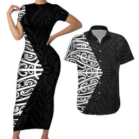Black New Zealand Puhoro Maori Tattoo Couples Matching Short Sleeve Bodycon Dress and Hawaiian Shirt