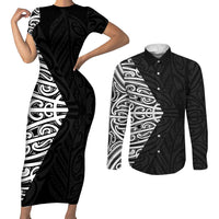 Black New Zealand Puhoro Maori Tattoo Couples Matching Short Sleeve Bodycon Dress and Long Sleeve Button Shirt