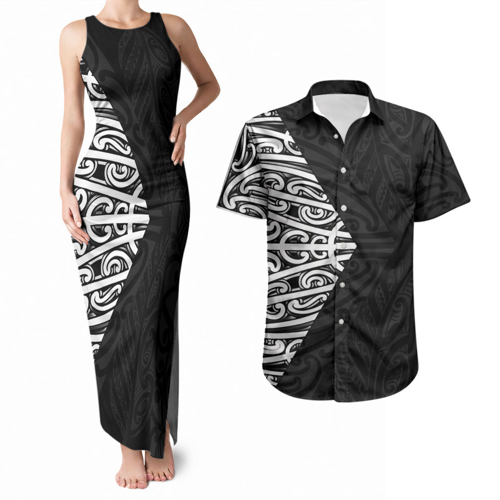 Black New Zealand Puhoro Maori Tattoo Couples Matching Tank Maxi Dress and Hawaiian Shirt LT14 Black - Polynesian Pride