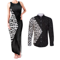 Black New Zealand Puhoro Maori Tattoo Couples Matching Tank Maxi Dress and Long Sleeve Button Shirt
