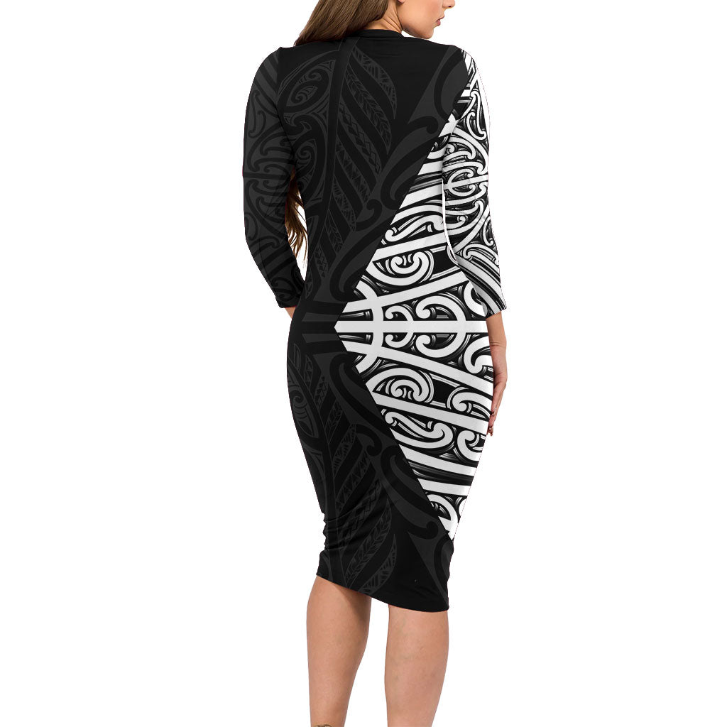 Black New Zealand Puhoro Maori Tattoo Family Matching Long Sleeve Bodycon Dress and Hawaiian Shirt