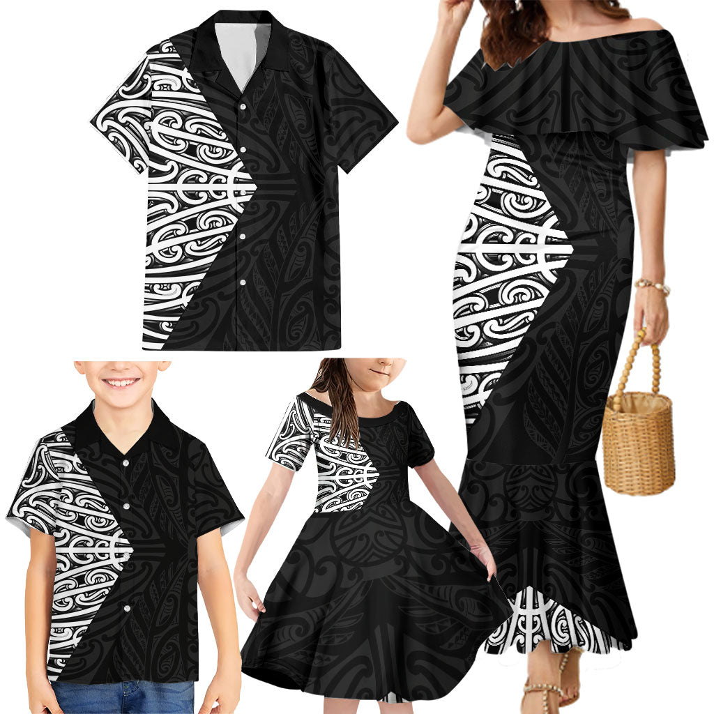 Black New Zealand Puhoro Maori Tattoo Family Matching Mermaid Dress and Hawaiian Shirt