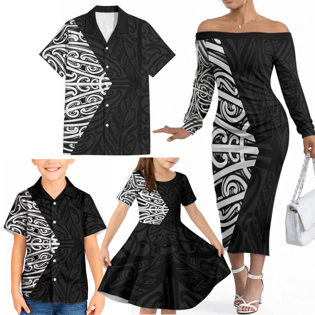 Black New Zealand Puhoro Maori Tattoo Family Matching Off The Shoulder Long Sleeve Dress and Hawaiian Shirt LT14 - Polynesian Pride