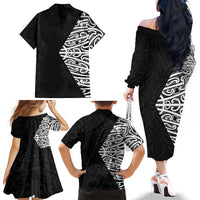Black New Zealand Puhoro Maori Tattoo Family Matching Off The Shoulder Long Sleeve Dress and Hawaiian Shirt