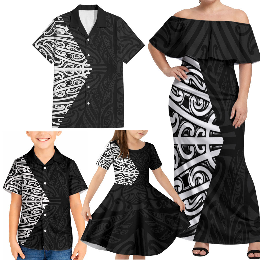 Black New Zealand Puhoro Maori Tattoo Family Matching Off Shoulder Maxi Dress and Hawaiian Shirt LT14 - Polynesian Pride
