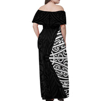 Black New Zealand Puhoro Maori Tattoo Family Matching Off Shoulder Maxi Dress and Hawaiian Shirt