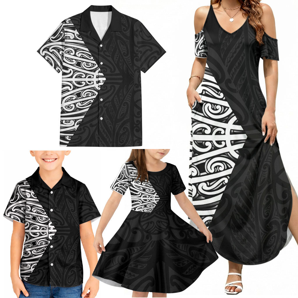 Black New Zealand Puhoro Maori Tattoo Family Matching Summer Maxi Dress and Hawaiian Shirt LT14 - Polynesian Pride