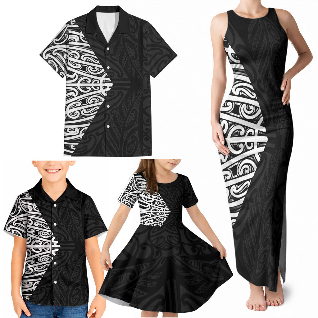 Black New Zealand Puhoro Maori Tattoo Family Matching Tank Maxi Dress and Hawaiian Shirt LT14 - Polynesian Pride