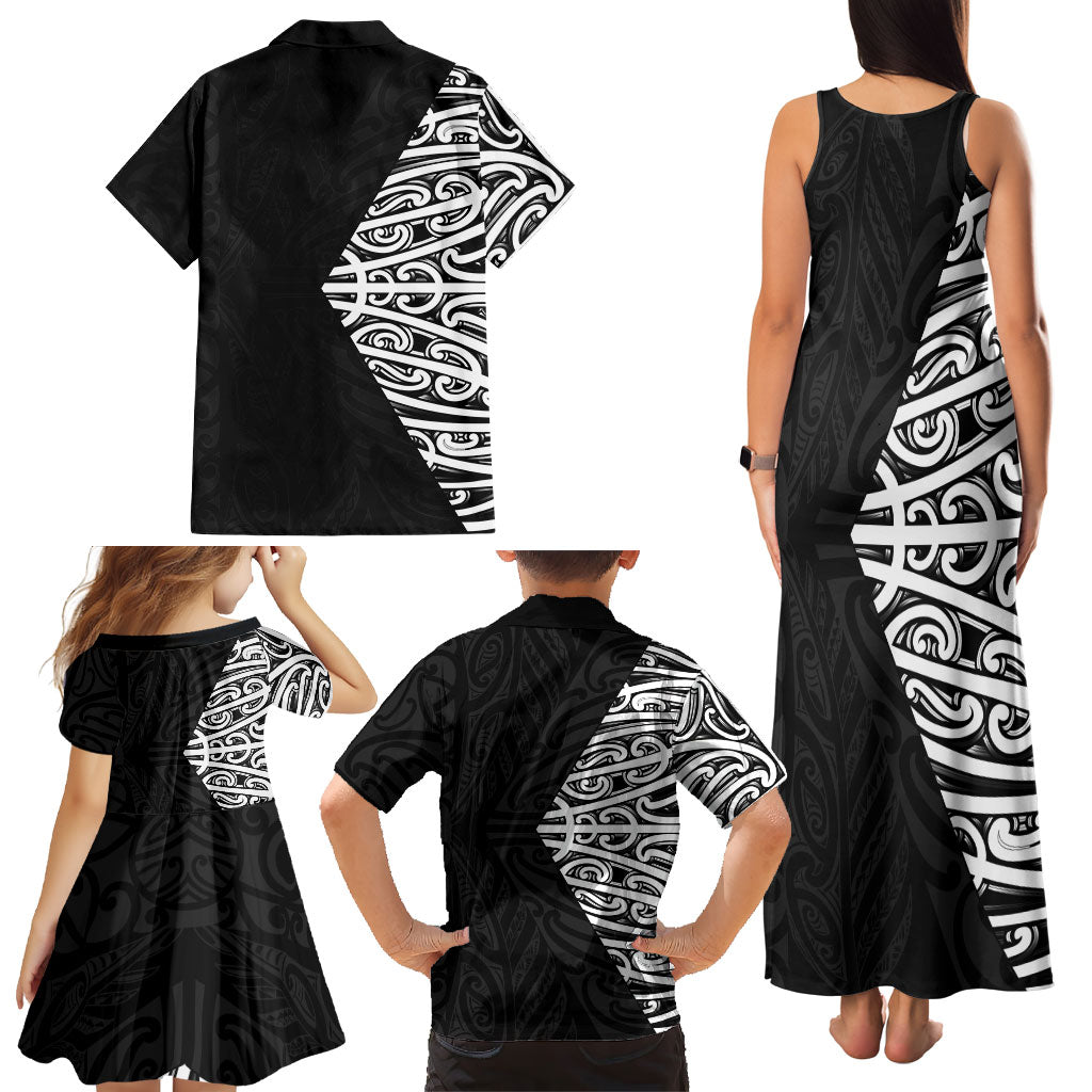 Black New Zealand Puhoro Maori Tattoo Family Matching Tank Maxi Dress and Hawaiian Shirt