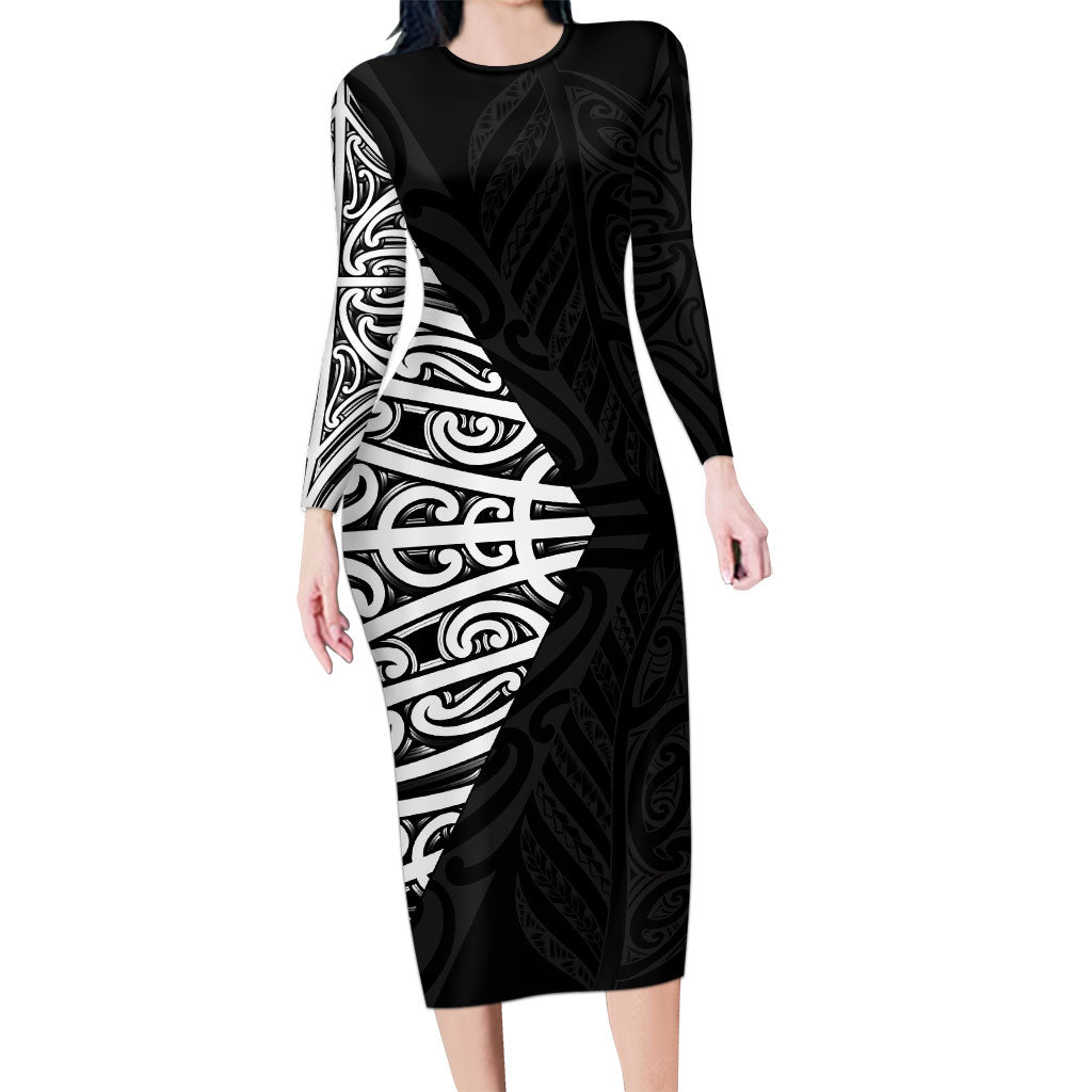 Black New Zealand Puhoro Maori Tattoo Long Sleeve Bodycon Dress