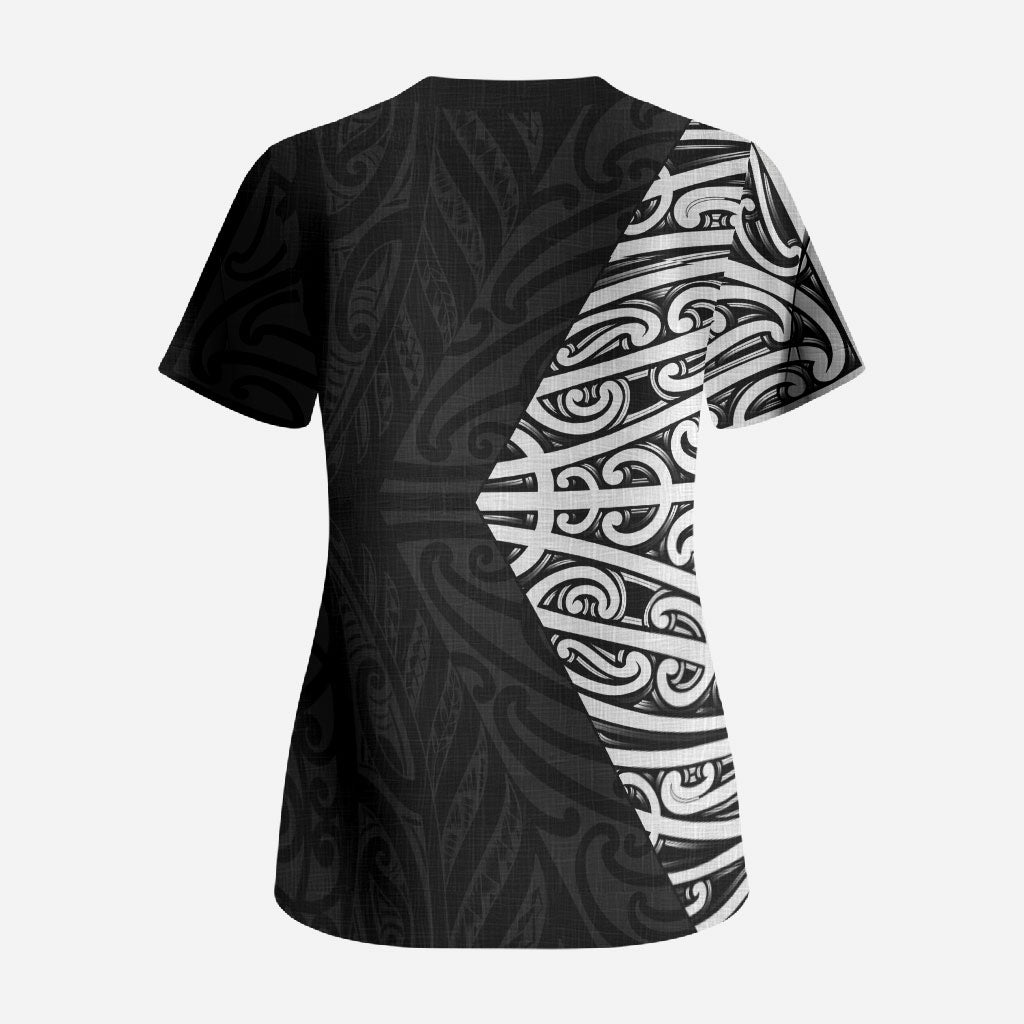 Black New Zealand Puhoro Maori Tattoo Scrub Top