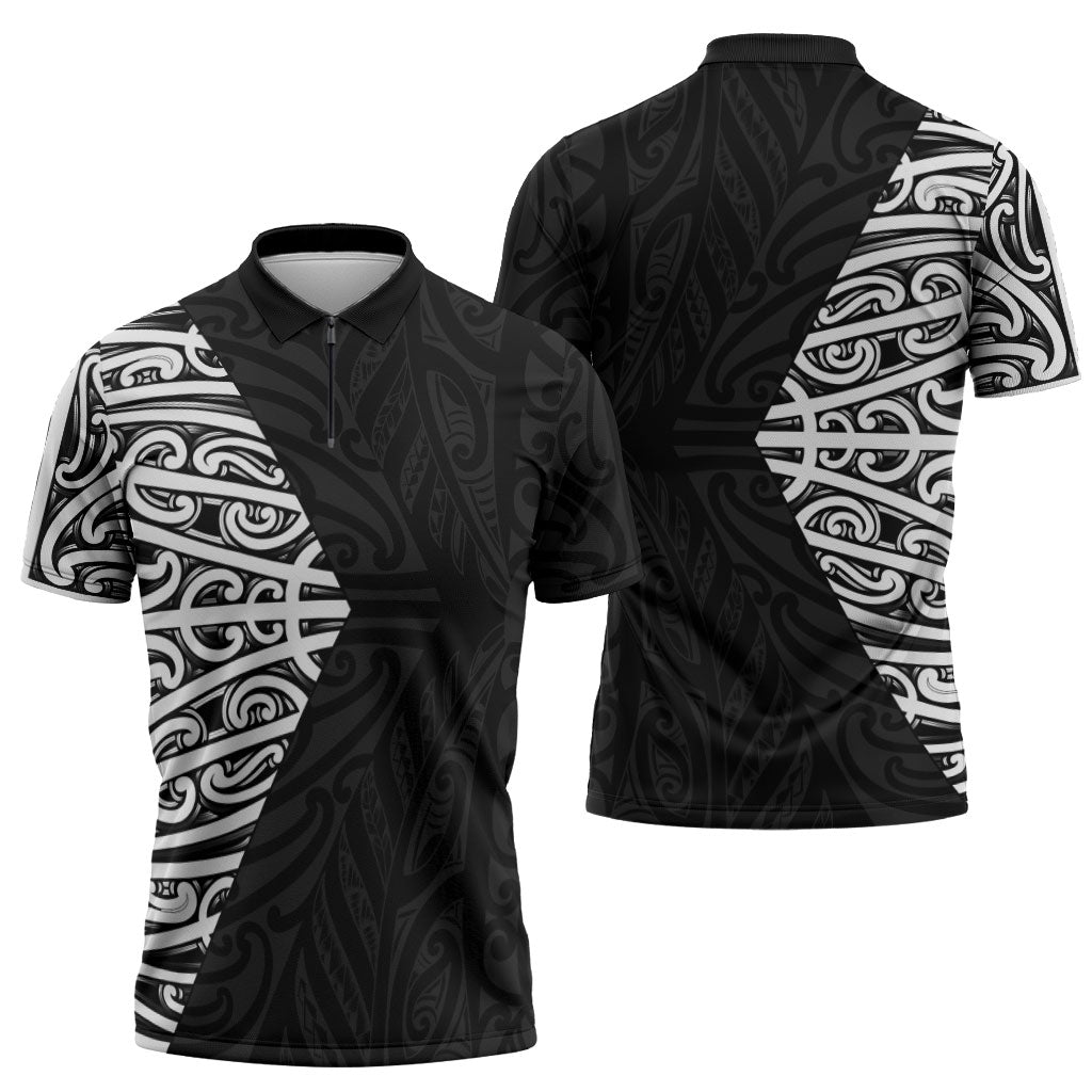 Black New Zealand Puhoro Maori Tattoo Zipper Polo Shirt
