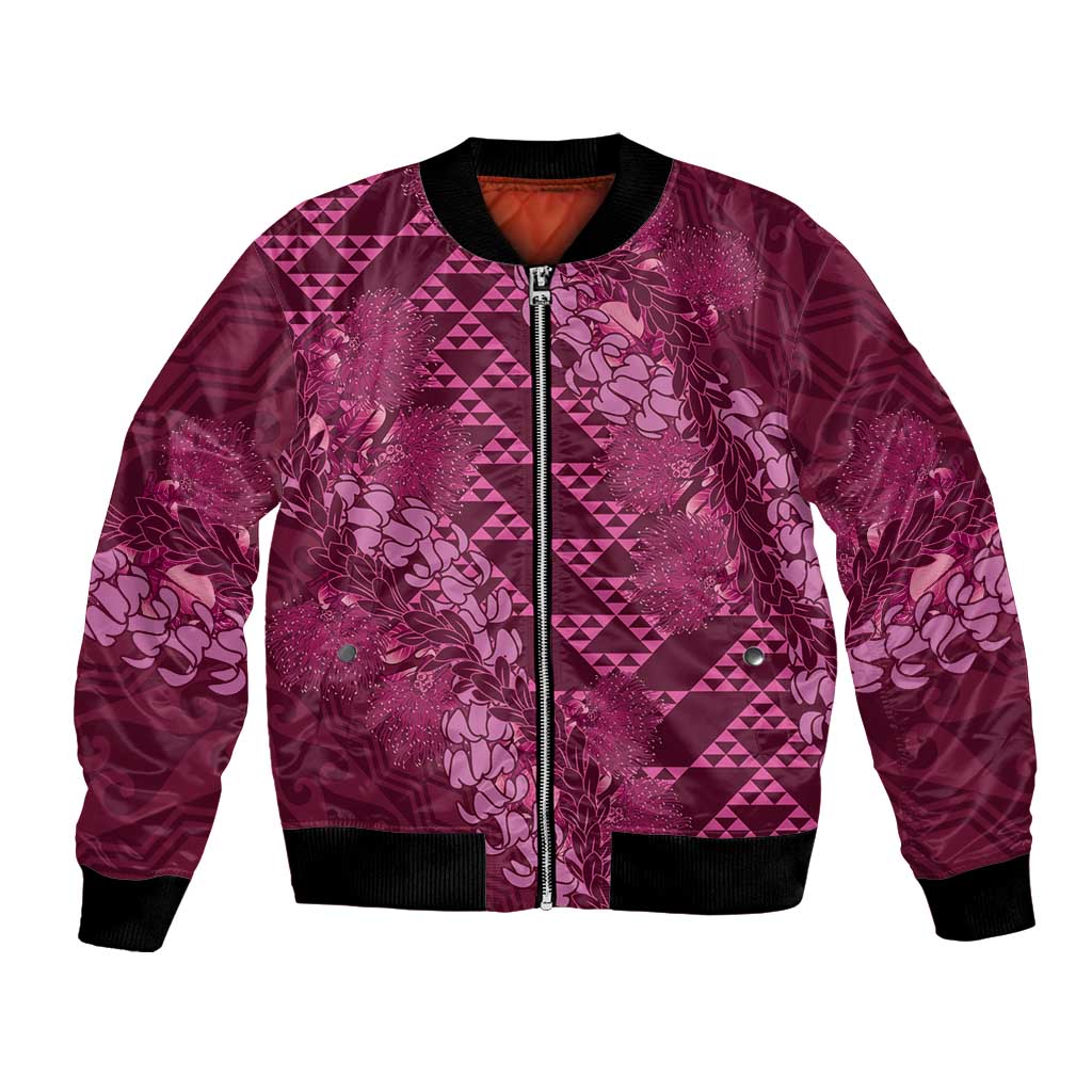 Pink Aloha Hawaii Bomber Jacket Hawaiian Kakau Ohia Lehua Lei - Polynesian Pride