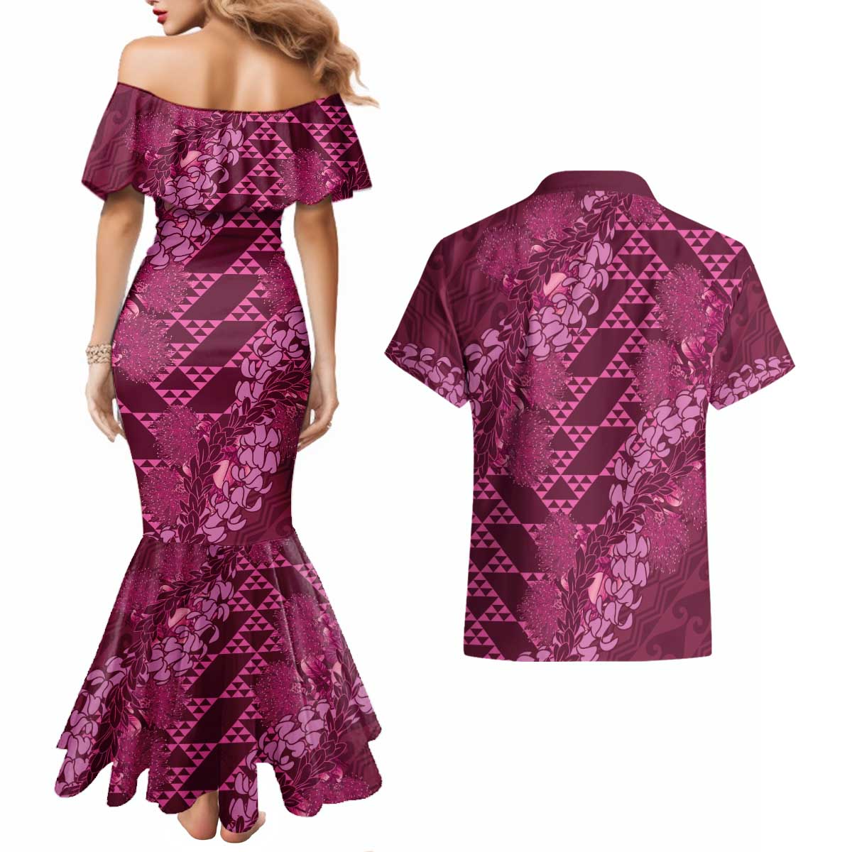 Pink Aloha Hawaii Couples Matching Mermaid Dress and Hawaiian Shirt Hawaiian Kakau Ohia Lehua Lei - Polynesian Pride