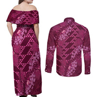 Pink Aloha Hawaii Couples Matching Off Shoulder Maxi Dress and Long Sleeve Button Shirt Hawaiian Kakau Ohia Lehua Lei - Polynesian Pride