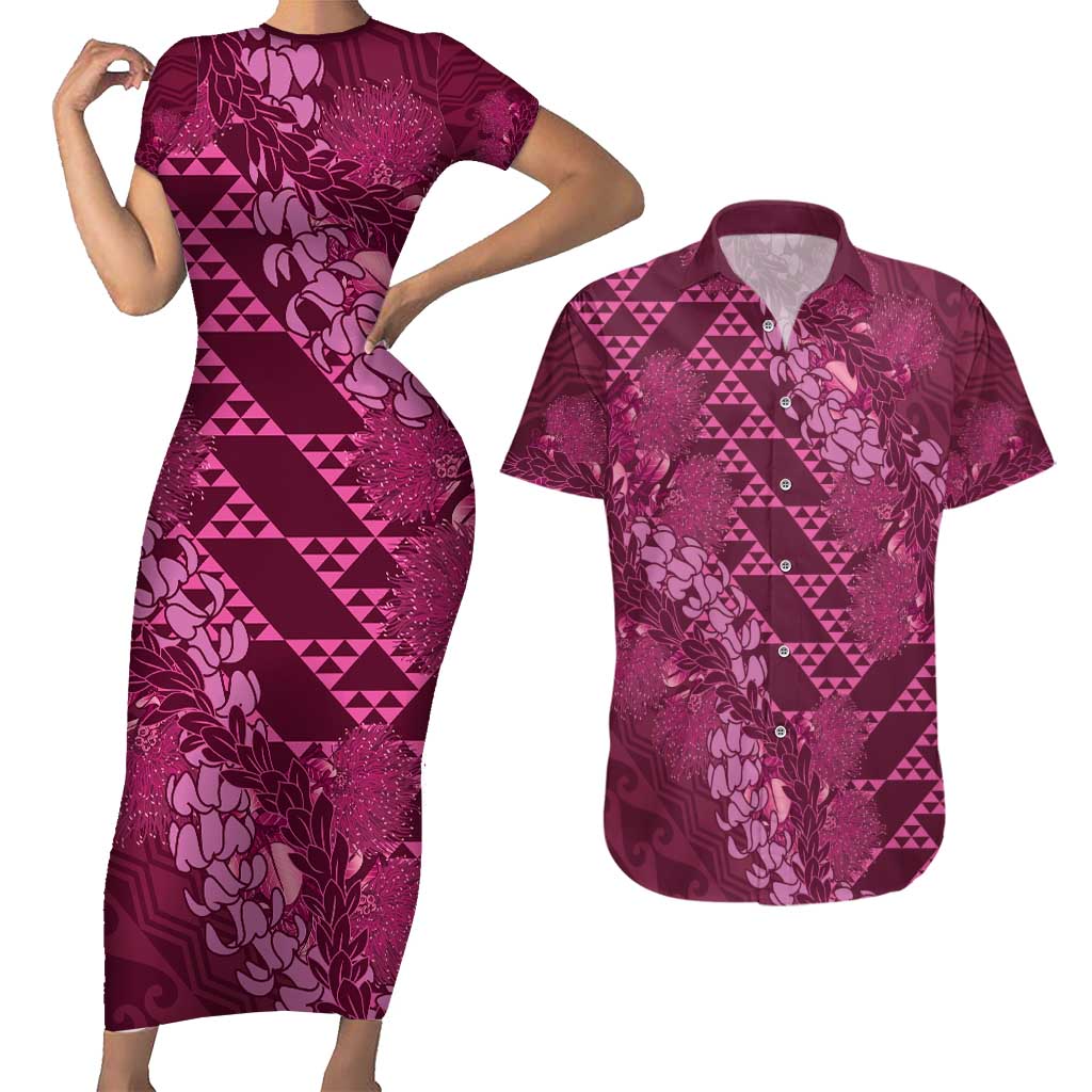 Pink Aloha Hawaii Couples Matching Short Sleeve Bodycon Dress and Hawaiian Shirt Hawaiian Kakau Ohia Lehua Lei - Polynesian Pride