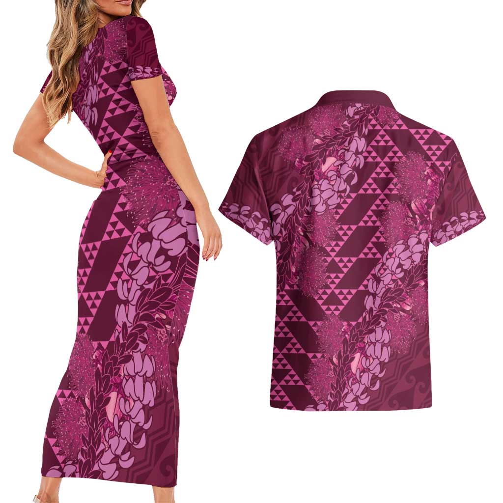 Pink Aloha Hawaii Couples Matching Short Sleeve Bodycon Dress and Hawaiian Shirt Hawaiian Kakau Ohia Lehua Lei - Polynesian Pride
