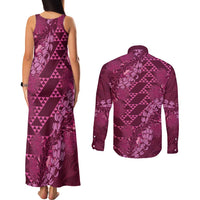 Pink Aloha Hawaii Couples Matching Tank Maxi Dress and Long Sleeve Button Shirt Hawaiian Kakau Ohia Lehua Lei - Polynesian Pride