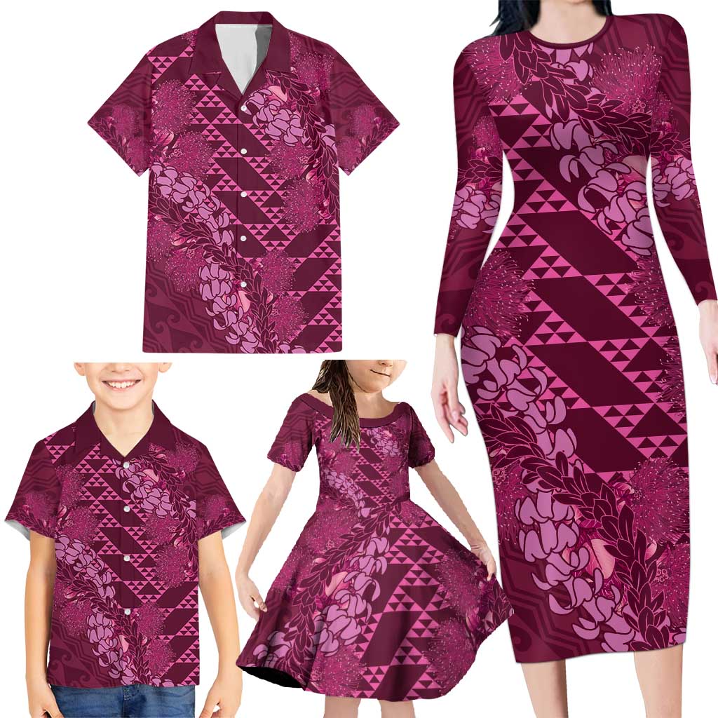 Pink Aloha Hawaii Family Matching Long Sleeve Bodycon Dress and Hawaiian Shirt Hawaiian Kakau Ohia Lehua Lei - Polynesian Pride
