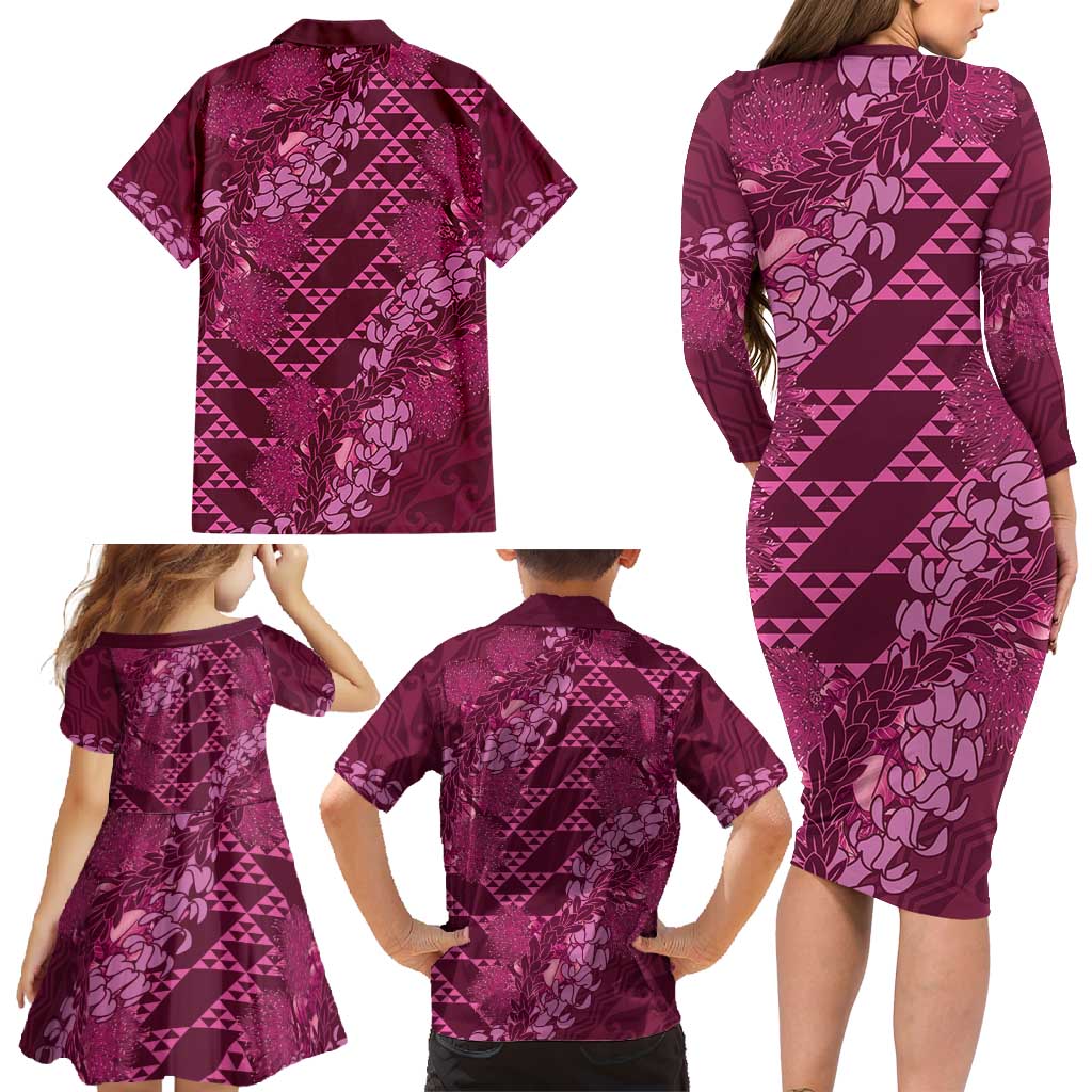 Pink Aloha Hawaii Family Matching Long Sleeve Bodycon Dress and Hawaiian Shirt Hawaiian Kakau Ohia Lehua Lei - Polynesian Pride