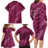 Pink Aloha Hawaii Family Matching Long Sleeve Bodycon Dress and Hawaiian Shirt Hawaiian Kakau Ohia Lehua Lei - Polynesian Pride