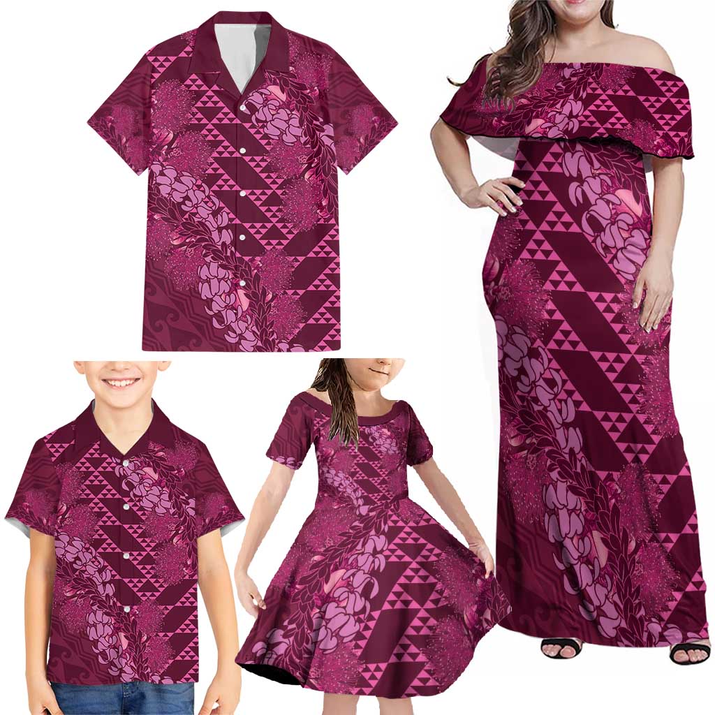 Pink Aloha Hawaii Family Matching Off Shoulder Maxi Dress and Hawaiian Shirt Hawaiian Kakau Ohia Lehua Lei - Polynesian Pride