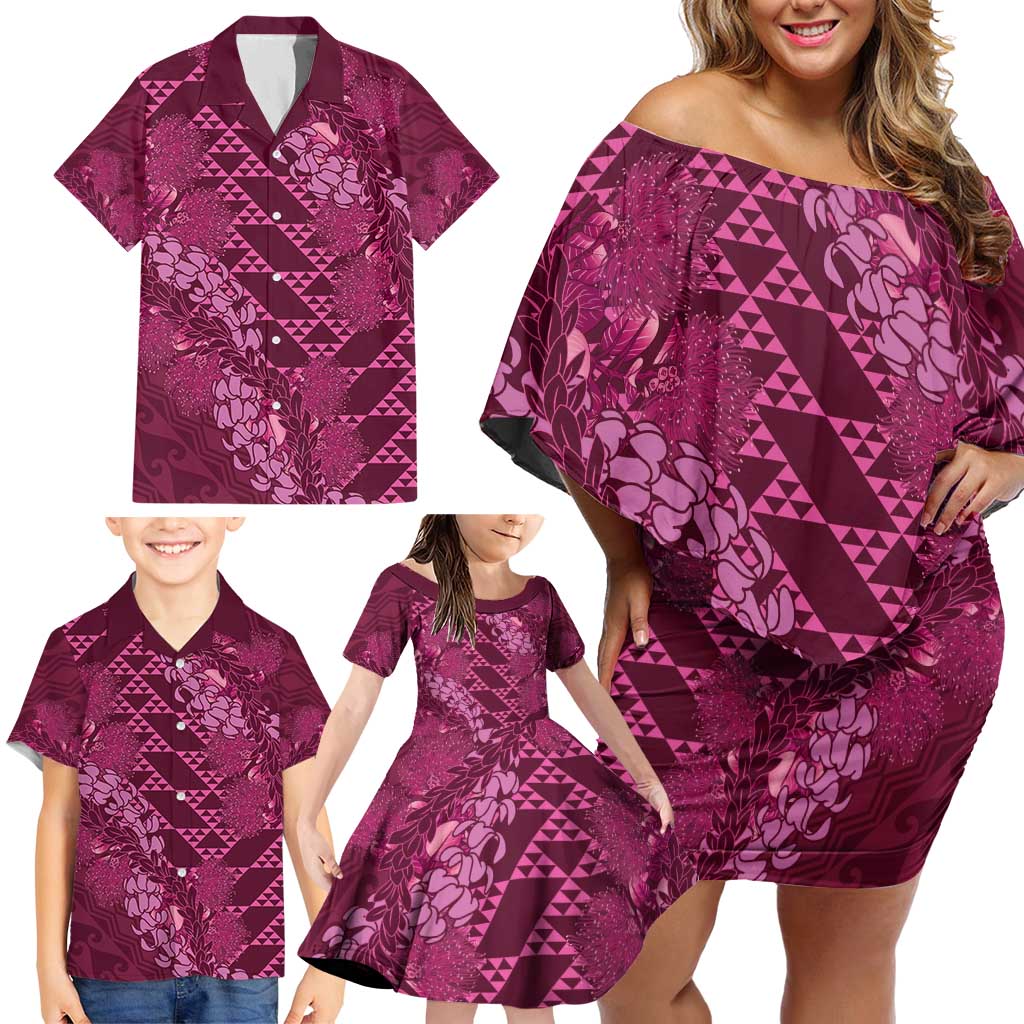 Pink Aloha Hawaii Family Matching Off Shoulder Short Dress and Hawaiian Shirt Hawaiian Kakau Ohia Lehua Lei - Polynesian Pride