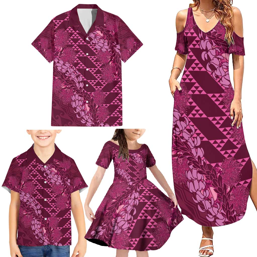 Pink Aloha Hawaii Family Matching Summer Maxi Dress and Hawaiian Shirt Hawaiian Kakau Ohia Lehua Lei - Polynesian Pride