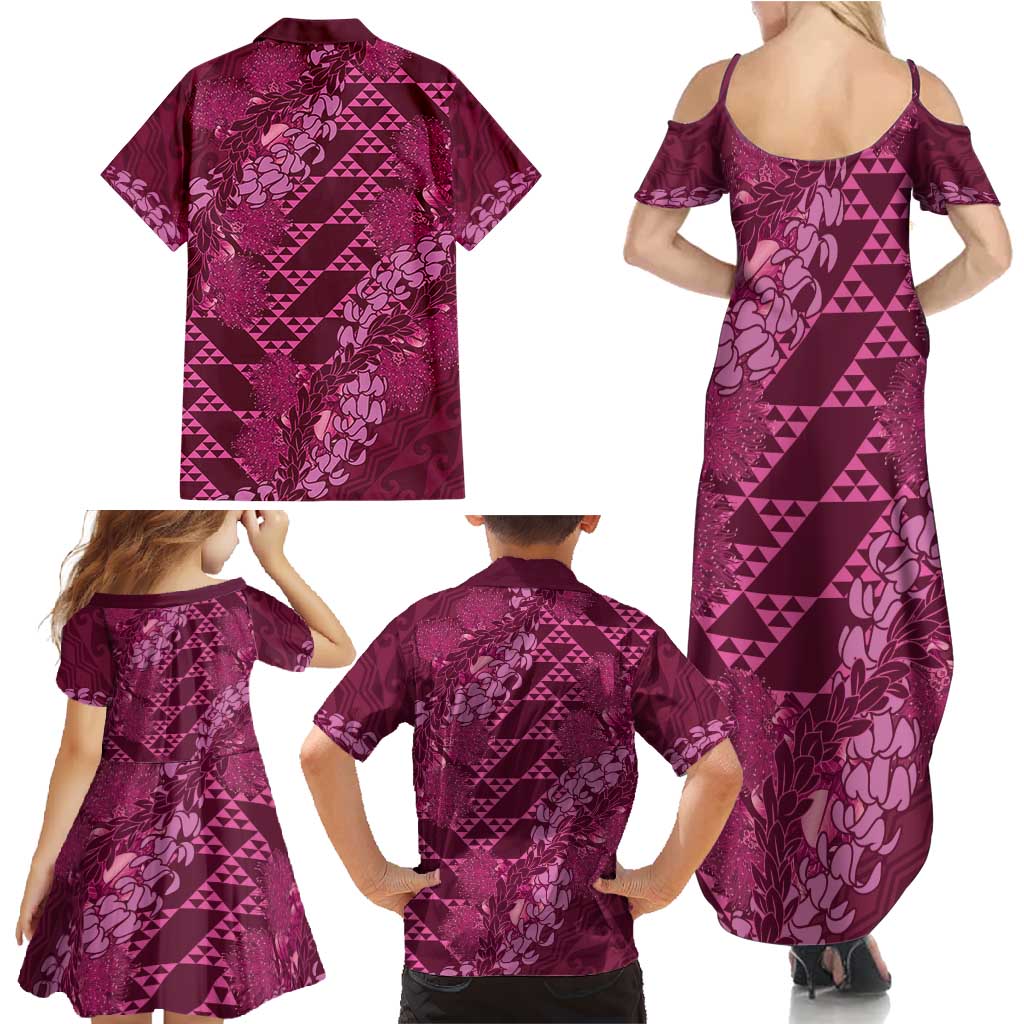 Pink Aloha Hawaii Family Matching Summer Maxi Dress and Hawaiian Shirt Hawaiian Kakau Ohia Lehua Lei - Polynesian Pride