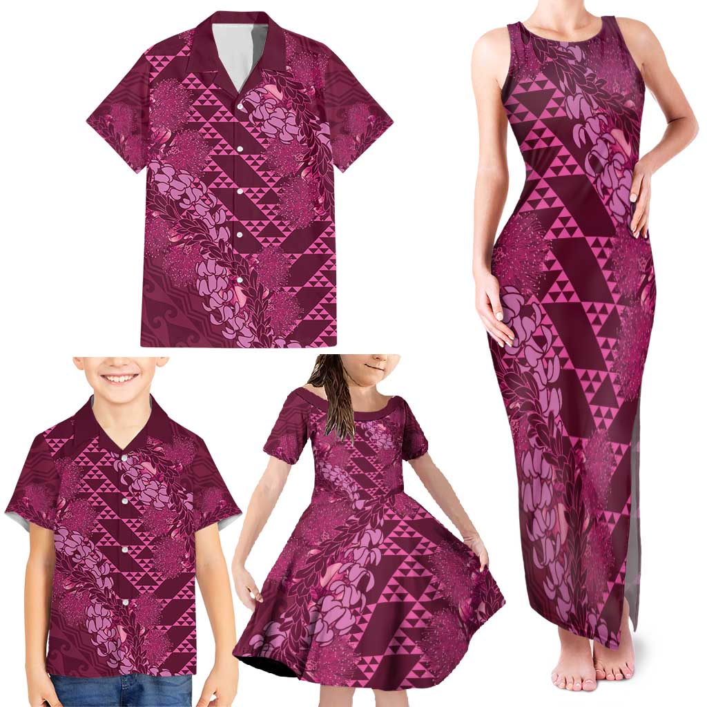 Pink Aloha Hawaii Family Matching Tank Maxi Dress and Hawaiian Shirt Hawaiian Kakau Ohia Lehua Lei - Polynesian Pride