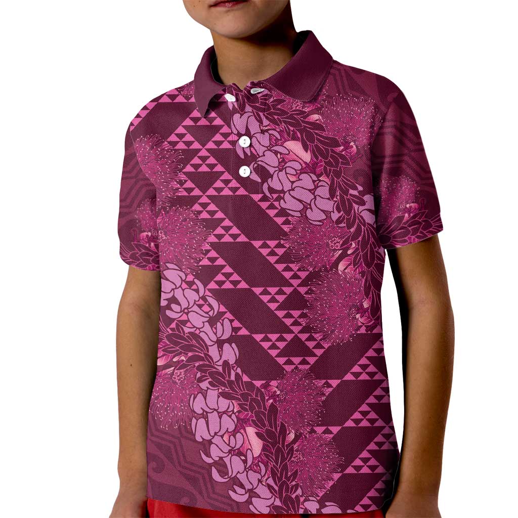 Pink Aloha Hawaii Kid Polo Shirt Hawaiian Kakau Ohia Lehua Lei - Polynesian Pride