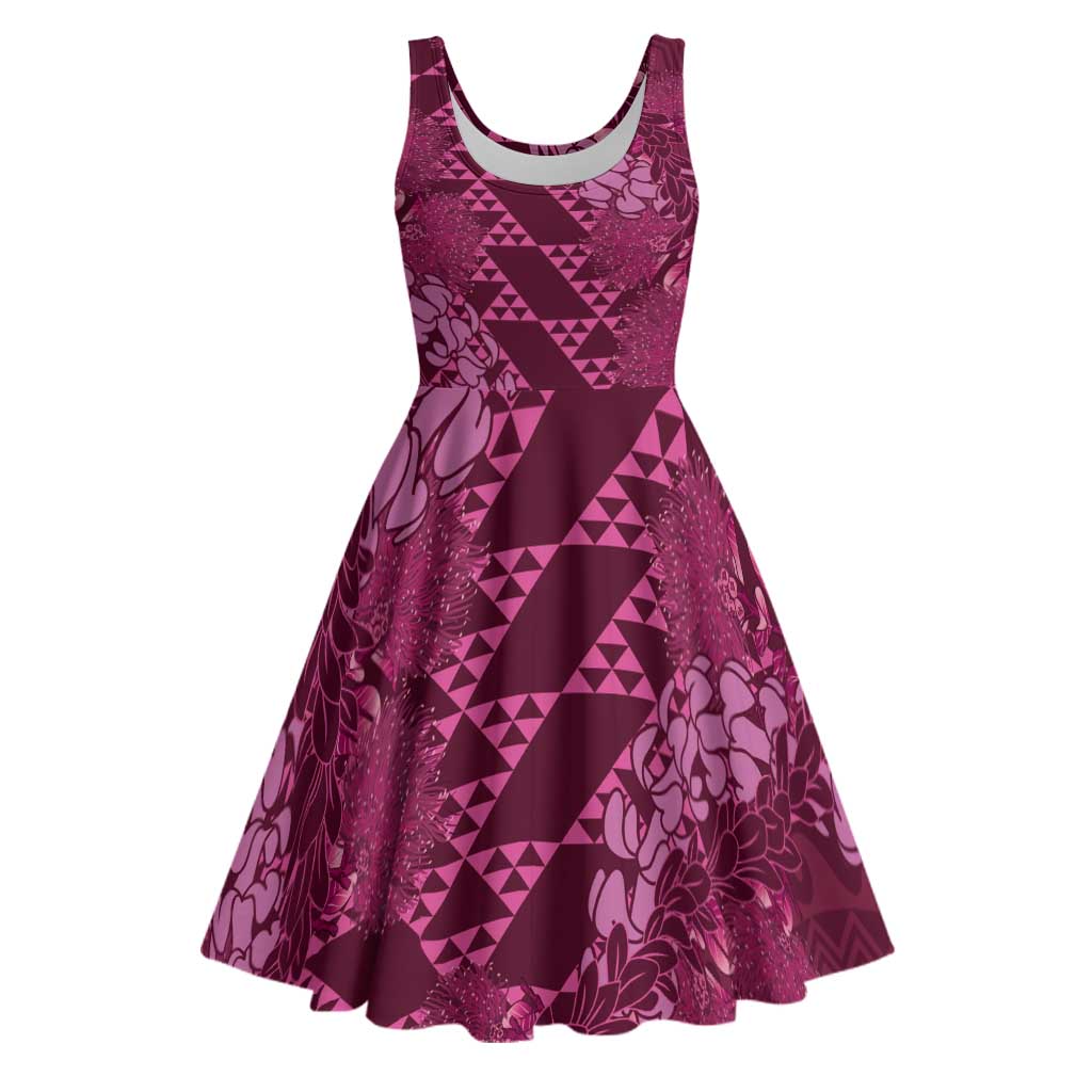 Pink Aloha Hawaii Midi Dress Hawaiian Kakau Ohia Lehua Lei - Polynesian Pride