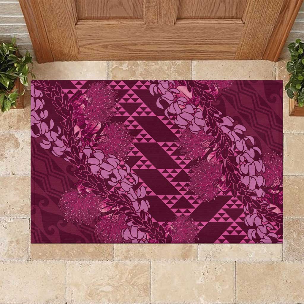 Pink Aloha Hawaii Rubber Doormat Hawaiian Kakau Ohia Lehua Lei - Polynesian Pride