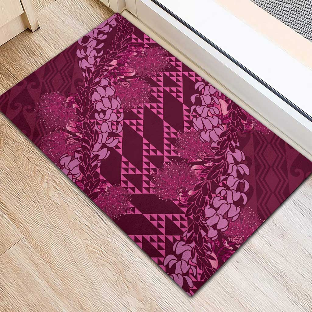 Pink Aloha Hawaii Rubber Doormat Hawaiian Kakau Ohia Lehua Lei - Polynesian Pride