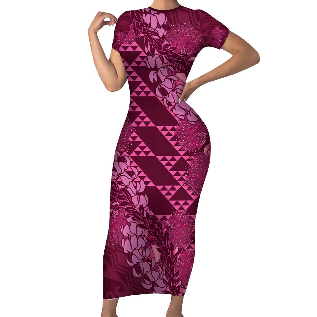 Pink Aloha Hawaii Short Sleeve Bodycon Dress Hawaiian Kakau Ohia Lehua Lei