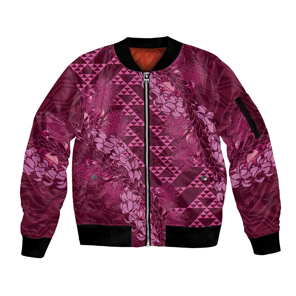 Pink Aloha Hawaii Sleeve Zip Bomber Jacket Hawaiian Kakau Ohia Lehua Lei - Polynesian Pride