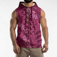 Pink Aloha Hawaii Sleeveless Zip Hoodie Hawaiian Kakau Ohia Lehua Lei - Polynesian Pride