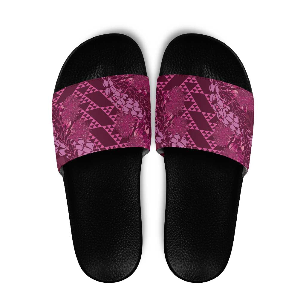 Pink Aloha Hawaii Slide Sandals Hawaiian Kakau Ohia Lehua Lei - Polynesian Pride
