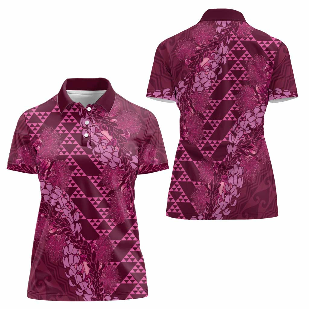 Pink Aloha Hawaii Women Polo Shirt Hawaiian Kakau Ohia Lehua Lei - Polynesian Pride