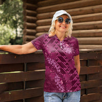 Pink Aloha Hawaii Women Polo Shirt Hawaiian Kakau Ohia Lehua Lei - Polynesian Pride