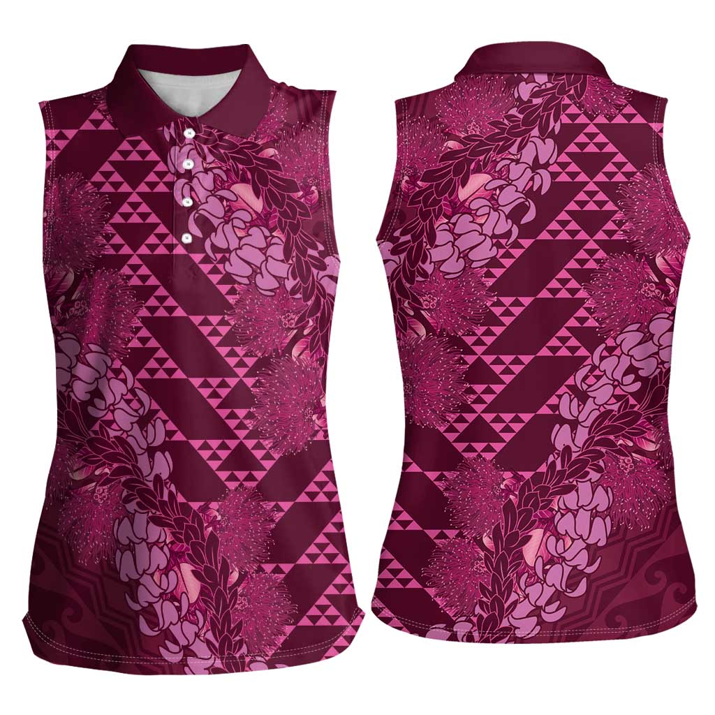 Pink Aloha Hawaii Women Sleeveless Polo Shirt Hawaiian Kakau Ohia Lehua Lei - Polynesian Pride