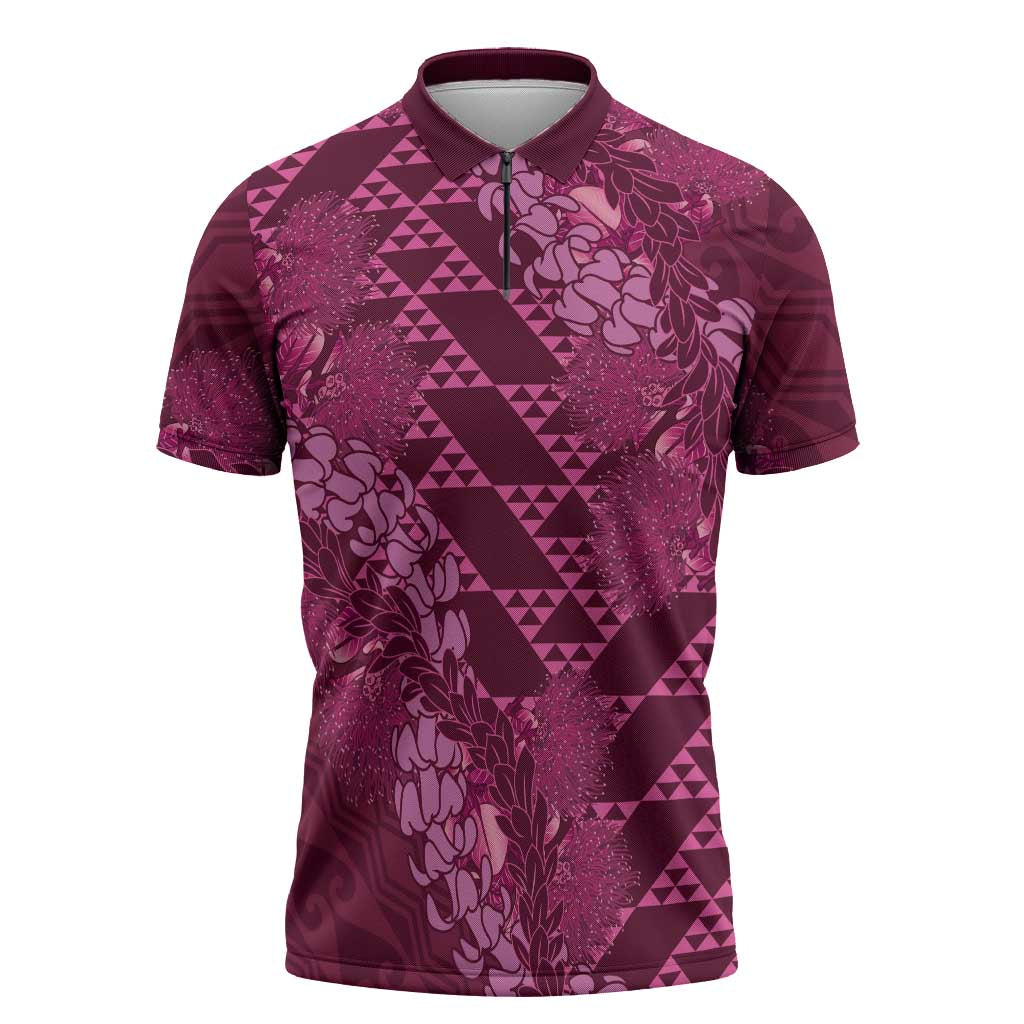 Pink Aloha Hawaii Zipper Polo Shirt Hawaiian Kakau Ohia Lehua Lei - Polynesian Pride
