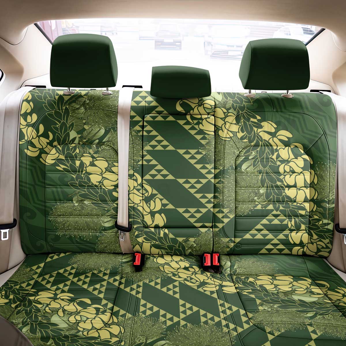 Green Aloha Hawaii Back Car Seat Cover Hawaiian Kakau Ohia Lehua Lei - Polynesian Pride