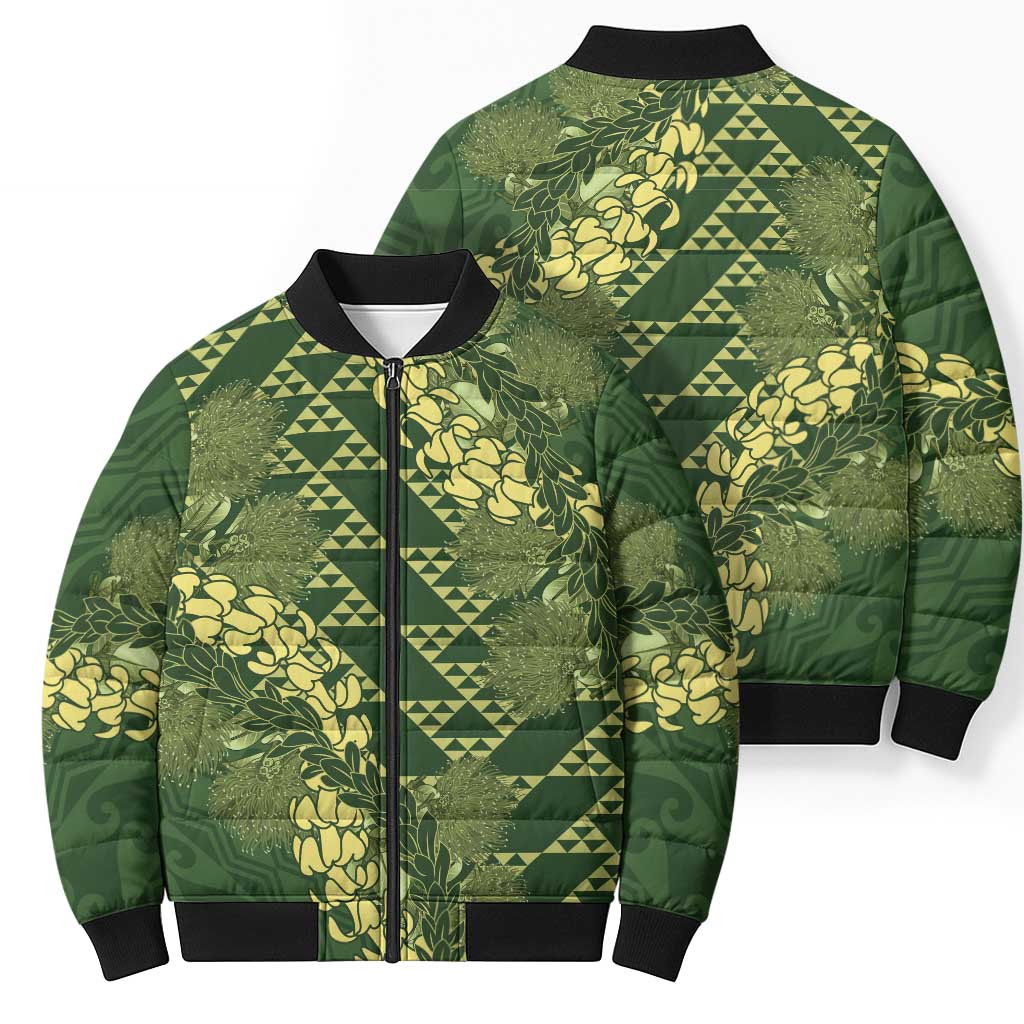Green Aloha Hawaii Bomber Puffer Jacket Hawaiian Kakau Ohia Lehua Lei - Polynesian Pride